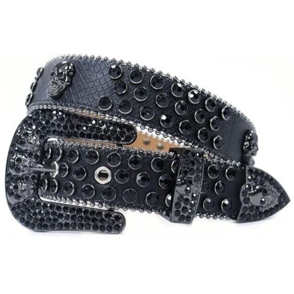 Wesharal Belt Black Rhinestone Diamone Inlays Skulls Western Cowgirl Size M/L